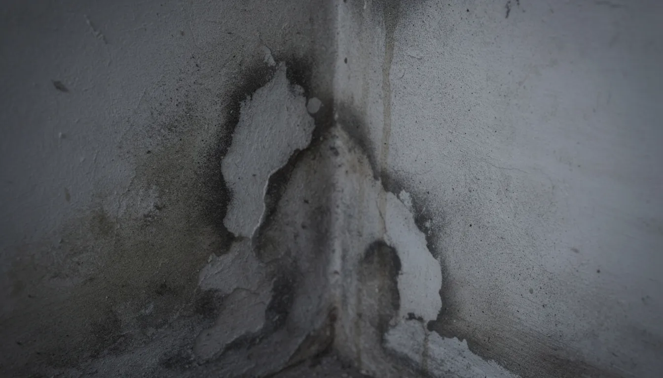 The image shows a close-up view of a dark corner wall with irregular dark patches and moisture stains, indicating potential black mold growth. This mold, known for its fuzzy texture and dark green or black color, can pose serious health risks, including respiratory symptoms and allergic reactions, especially in damp environments.