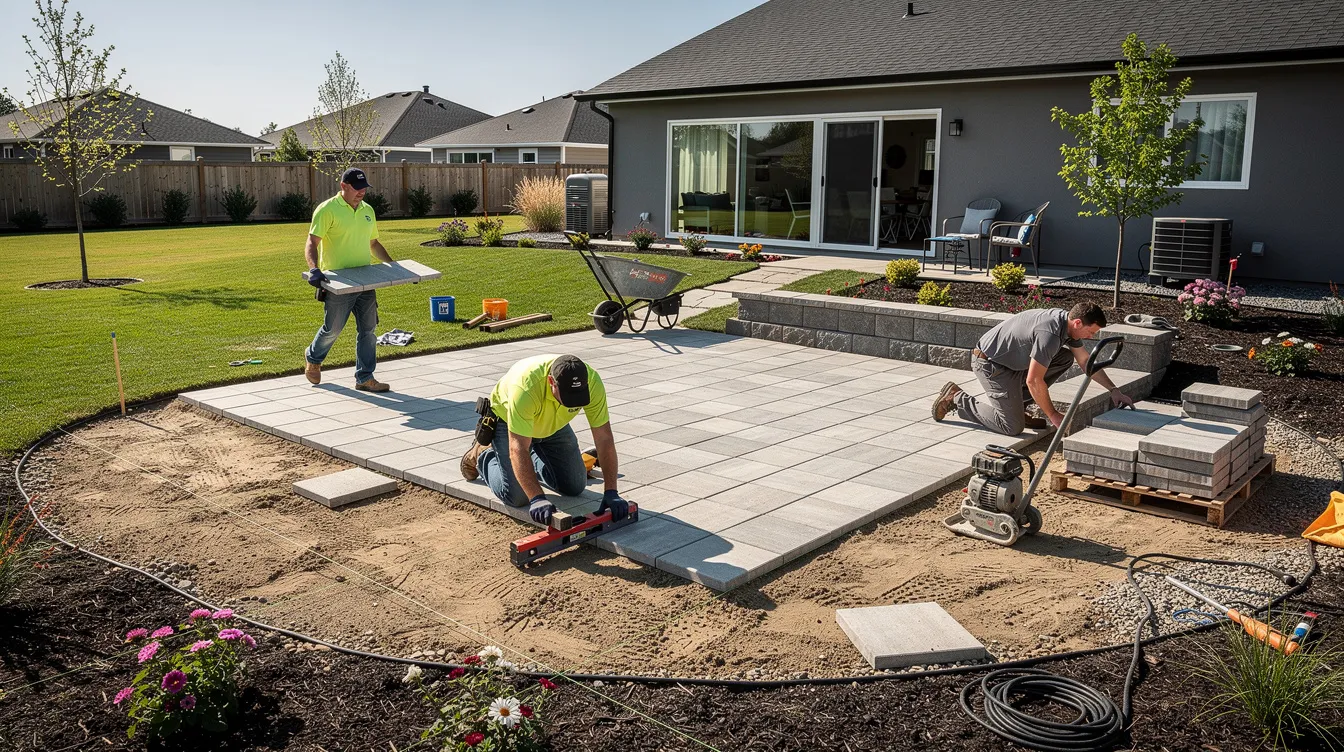A professional landscaping crew is diligently installing stone pavers to create a stylish patio in a residential backyard on a sunny day, showcasing their expertise in landscape construction. The team, equipped with various tools, is focused on delivering excellence in their project for the property.