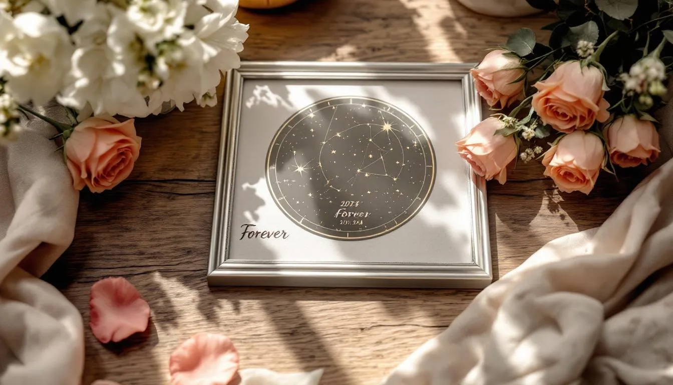 A collection of personalized anniversary gifts, including a custom star map and an engraved watch, showcasing thoughtful anniversary gifts for him that hit the right note.