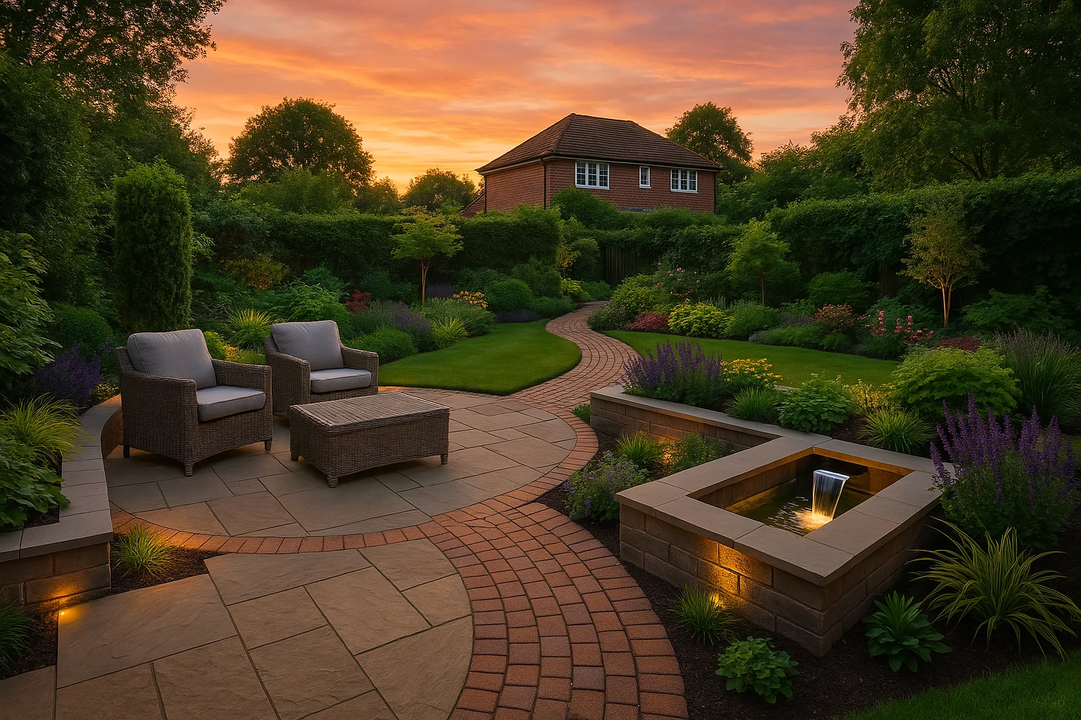 Beautifully landscaped UK garden with a stone patio, curved brick path, raised flower beds, and a modern water feature, all illuminated by golden hour lighting