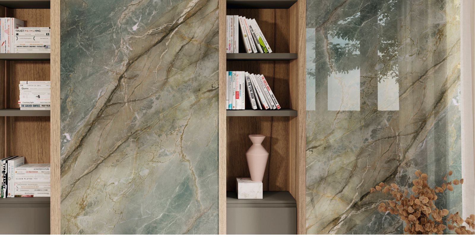 Elegant space with Brazil Green marble-effect tiles and warm wood accents.
