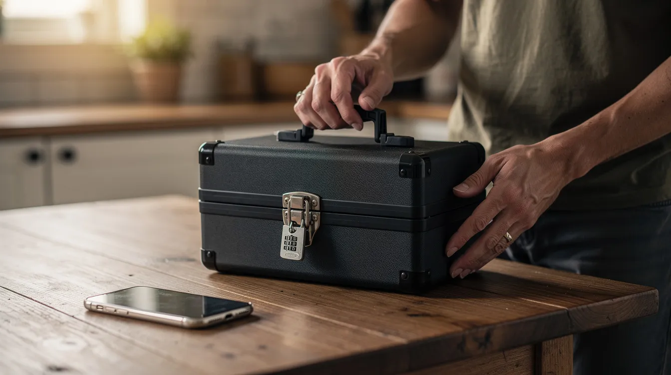 An image depicts a parent carefully placing a locked firearm case on a table next to a phone, highlighting the importance of secure storage for household firearm ownership. This scene reflects the ongoing conversation around gun laws and public safety in settings like private residences.