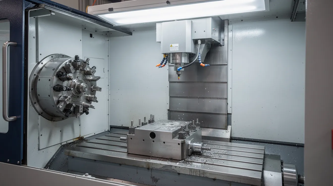 The image depicts the interior of a CNC machining center, showcasing the spindle, a tool changer carousel, and a workpiece securely clamped on the table. This setup illustrates how modern CNC machines operate, utilizing advanced machining processes to achieve high precision in manufacturing.