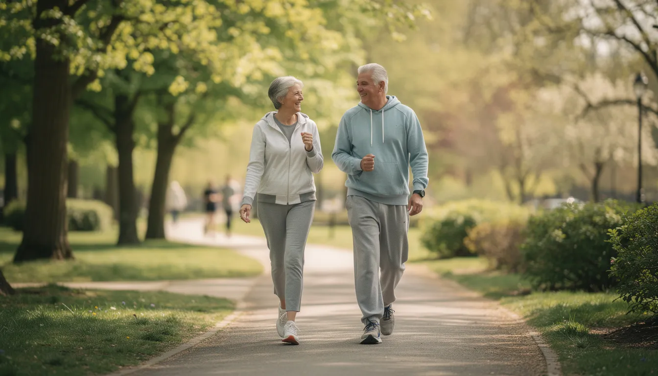 An older adult couple is enjoying a brisk walk in a sunny park, promoting their cardiovascular health and supporting healthy aging through regular exercise. Their daily routine emphasizes the importance of staying active for maintaining muscle mass and overall well-being as they age.