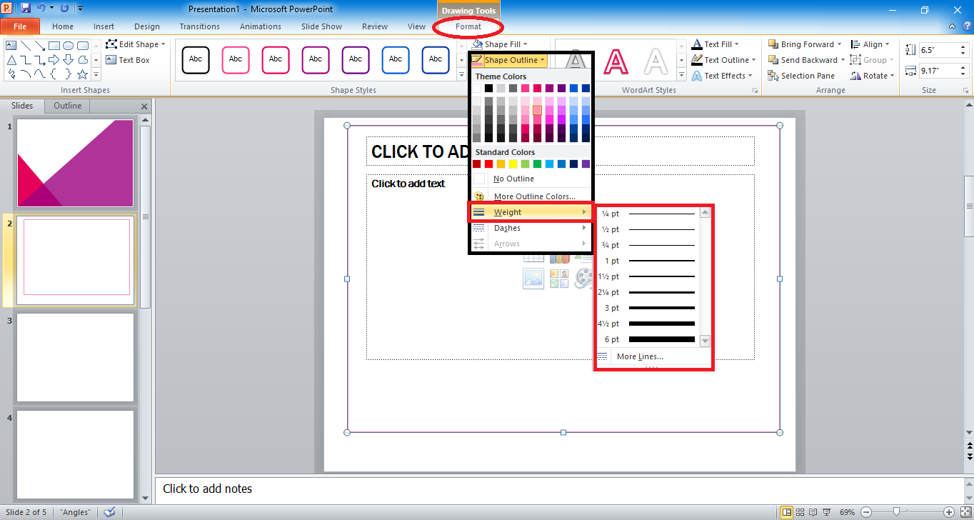 In the "More Outline Colors", select "Weight then choose the thick border for your presentation.