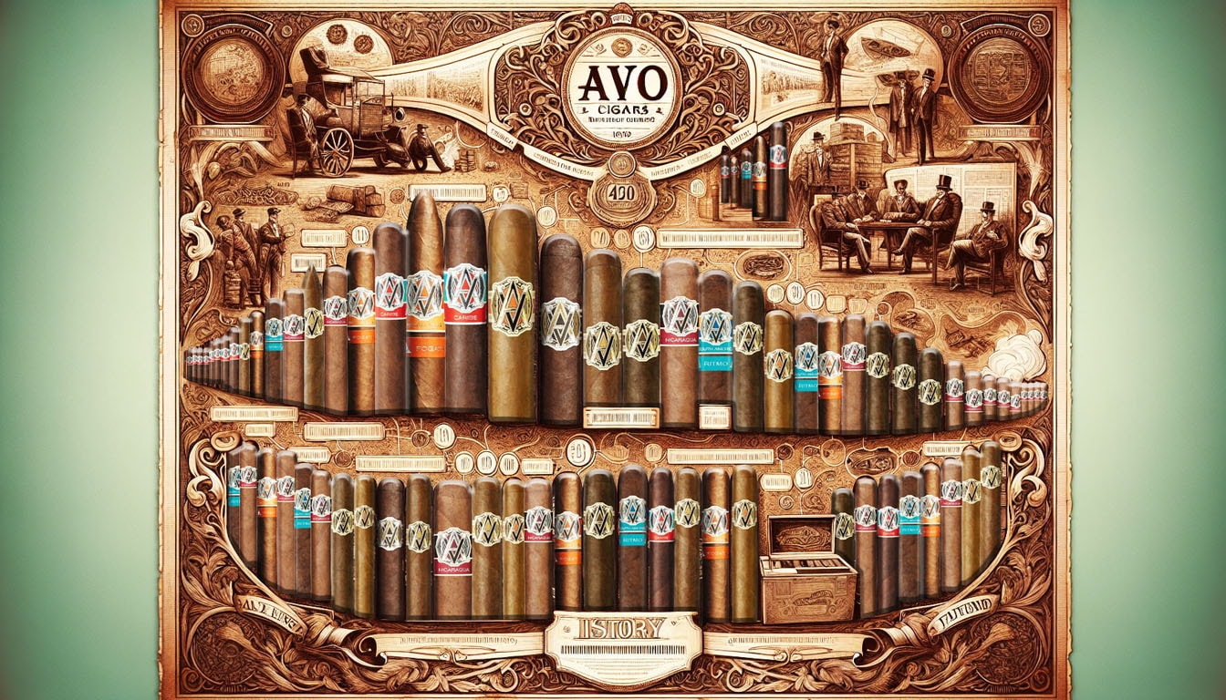 An illustration of the history of Avo Cigars, featuring a timeline and vintage cigar illustrations.