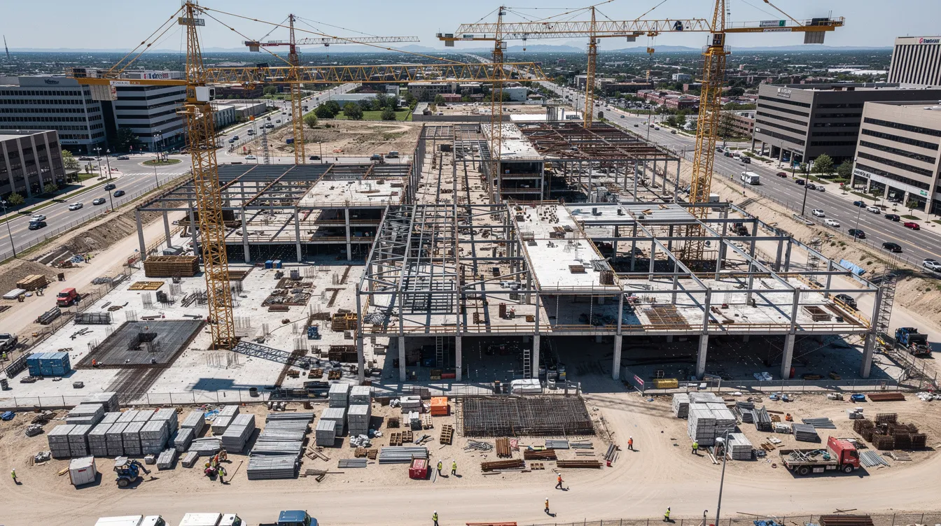 An aerial view captures a bustling commercial construction site featuring cranes, scaffolding, and partially completed structures, illustrating the complexity of construction projects and the potential for delays. This scene highlights the critical path and project schedule, emphasizing the importance of managing construction delay claims and the impact of various factors on the project's completion date.