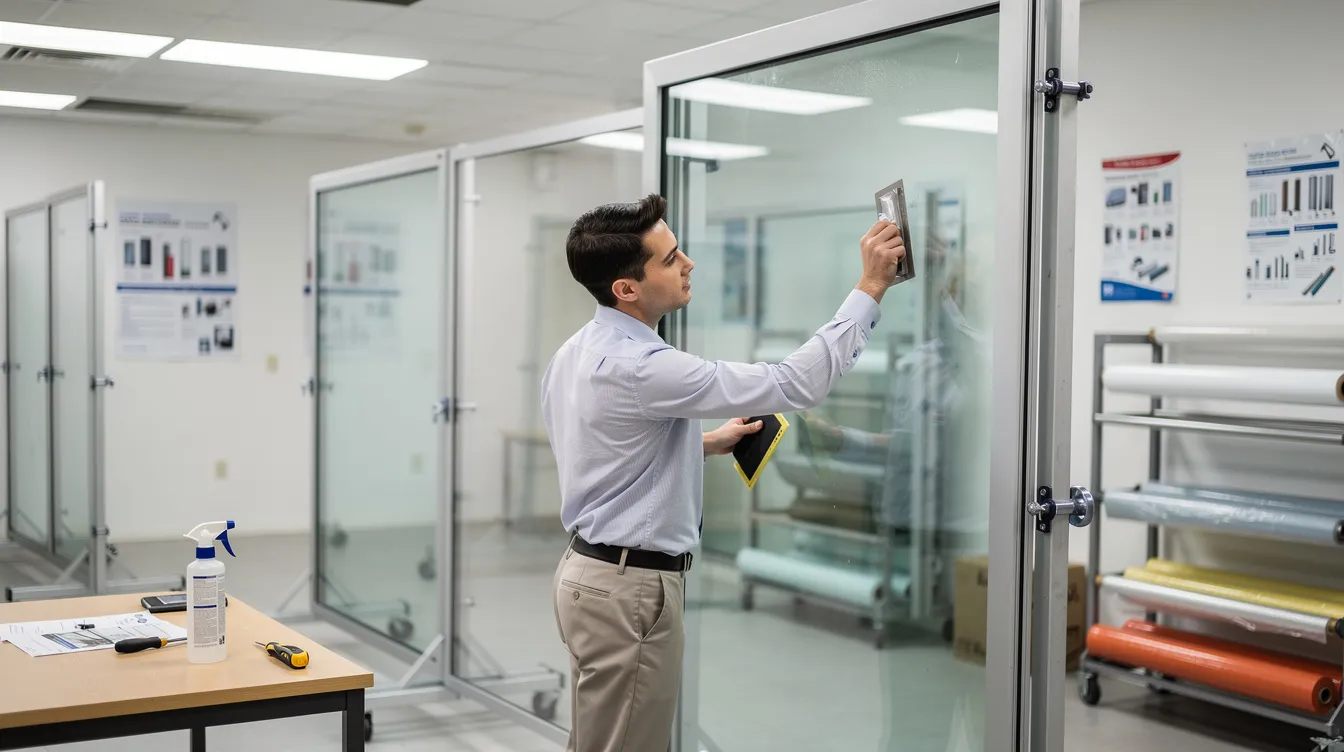 A person dressed in professional attire is applying window film to a large glass panel in a bright training facility, showcasing a hands-on training program for a low investment franchise opportunity. This practical session emphasizes the importance of proven systems and ongoing support for aspiring franchise owners in the home repairs industry.