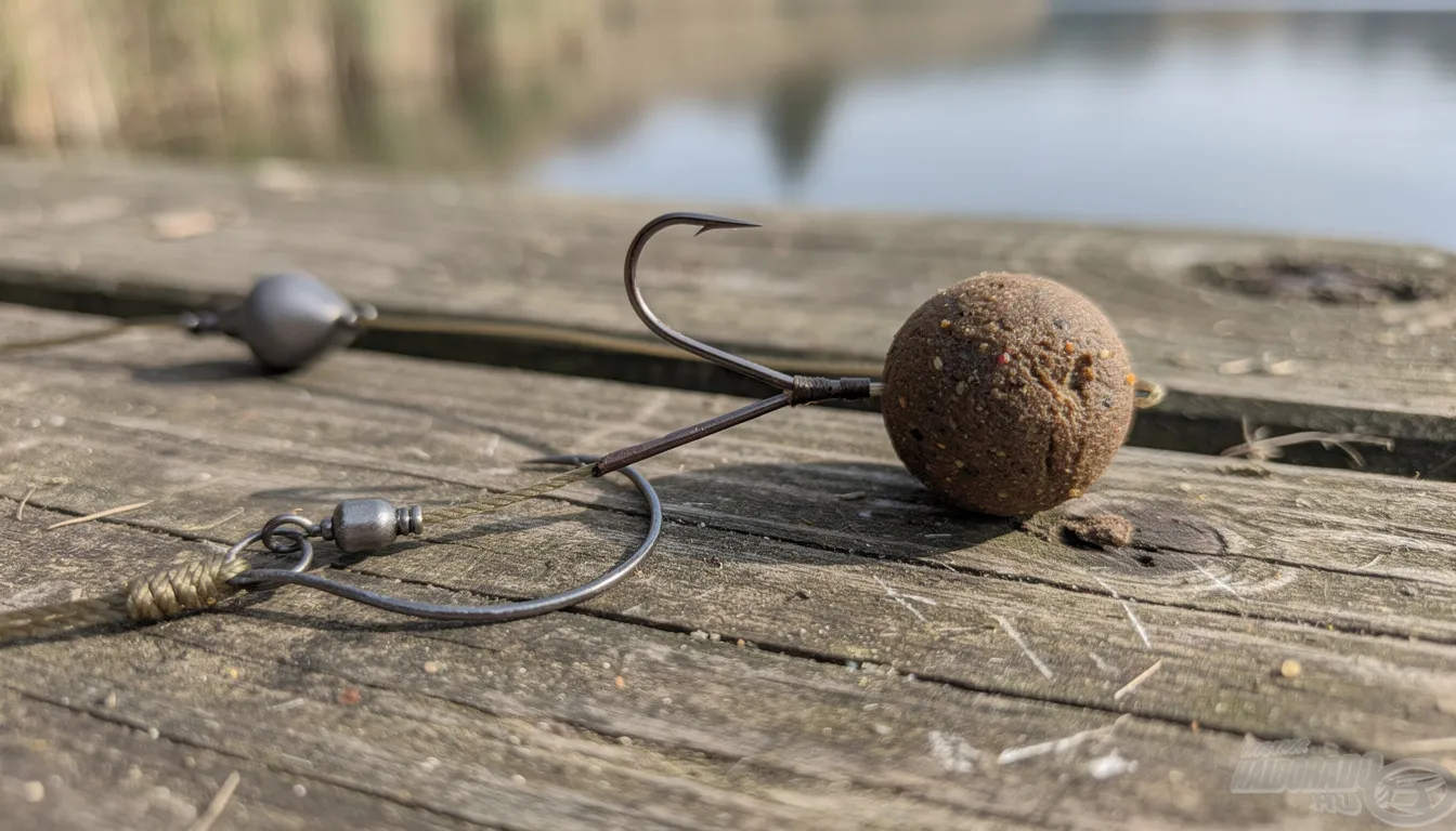 Na zdjęciu widoczny jest zbliżenie na zestaw karpiowy, na którym kulka proteinowa jest zamocowana na włosie obok haczyka, leżącego na drewnianym podeście. To przykład zastosowania metody włosowej, popularnej wśród wędkarzy łowiących karpie.