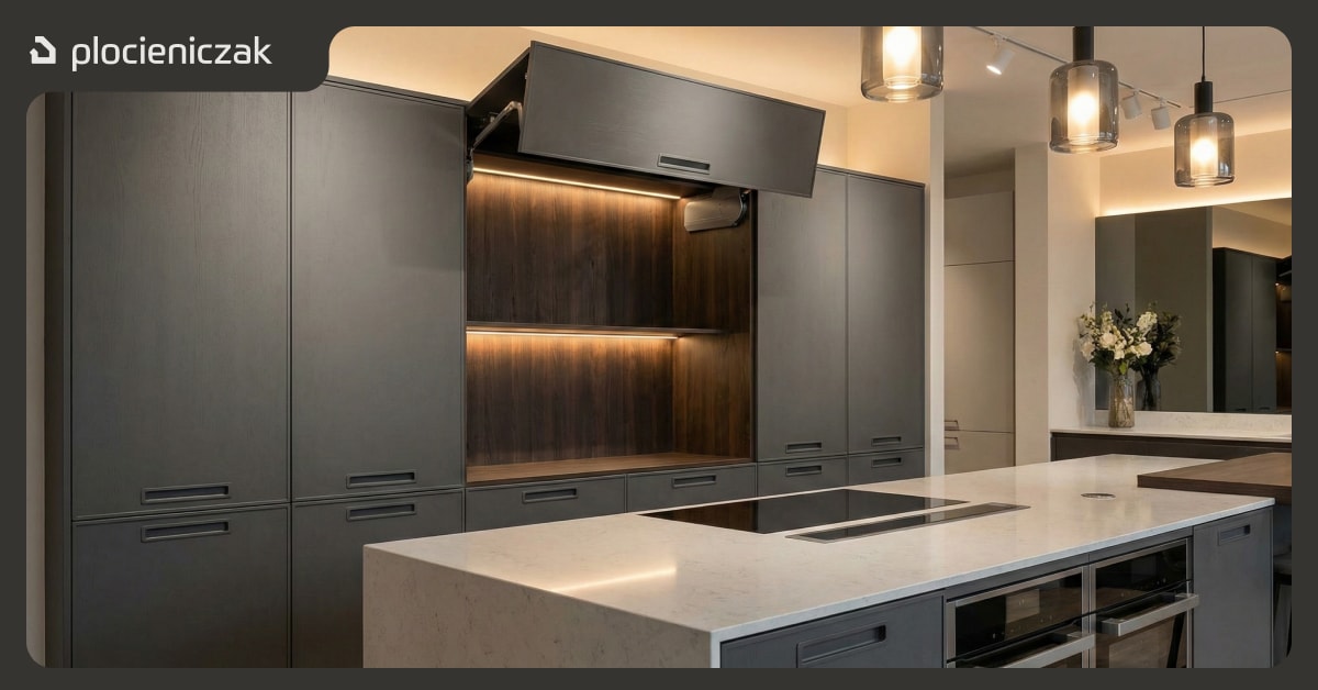 Kuchnia premium z systemem Aventos HF – front uchylno-składany złożony podczas otwierania, widoczne wnętrze szafki
