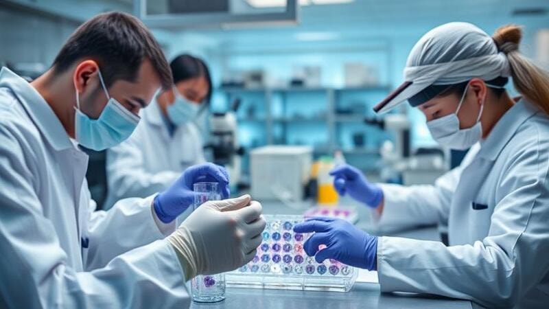 Laboratory setting with scientists in PPE gloves