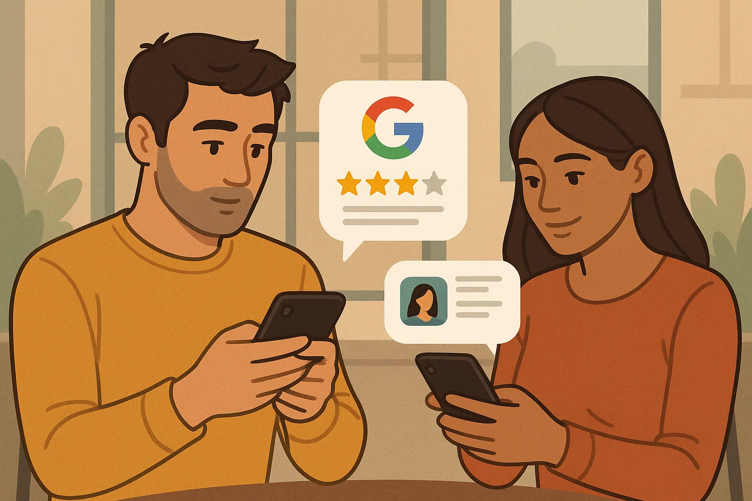 Two customers — one looking at a Google review, the other scrolling through a social media profile