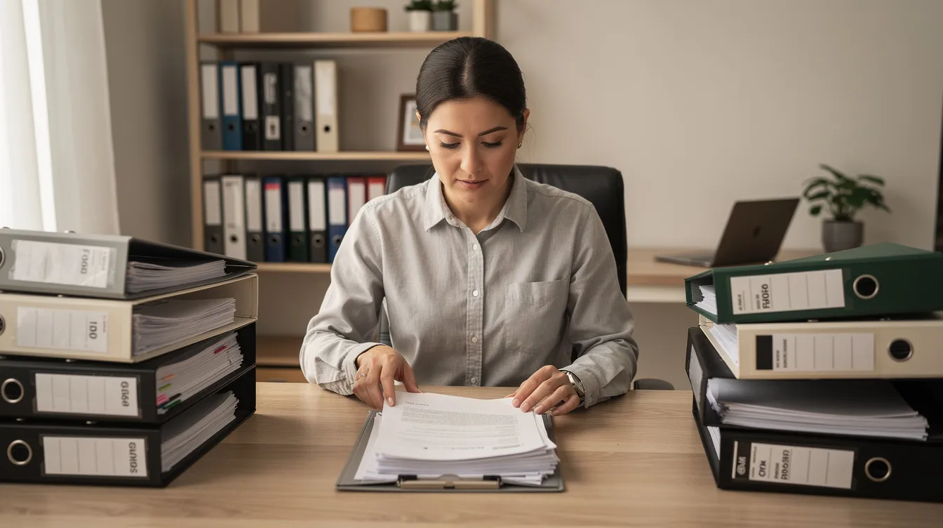 90869410 ff85 42d4 85a6 3983e539a0c6 A small business owner is seated at a tidy desk, carefully organizing documents and files in a neat folder, which may include essential paperwork for a mudra loan application. The scene reflects the diligent efforts of small business owners to maintain a clear business plan and ensure their loan eligibility for smooth loan approval processes.