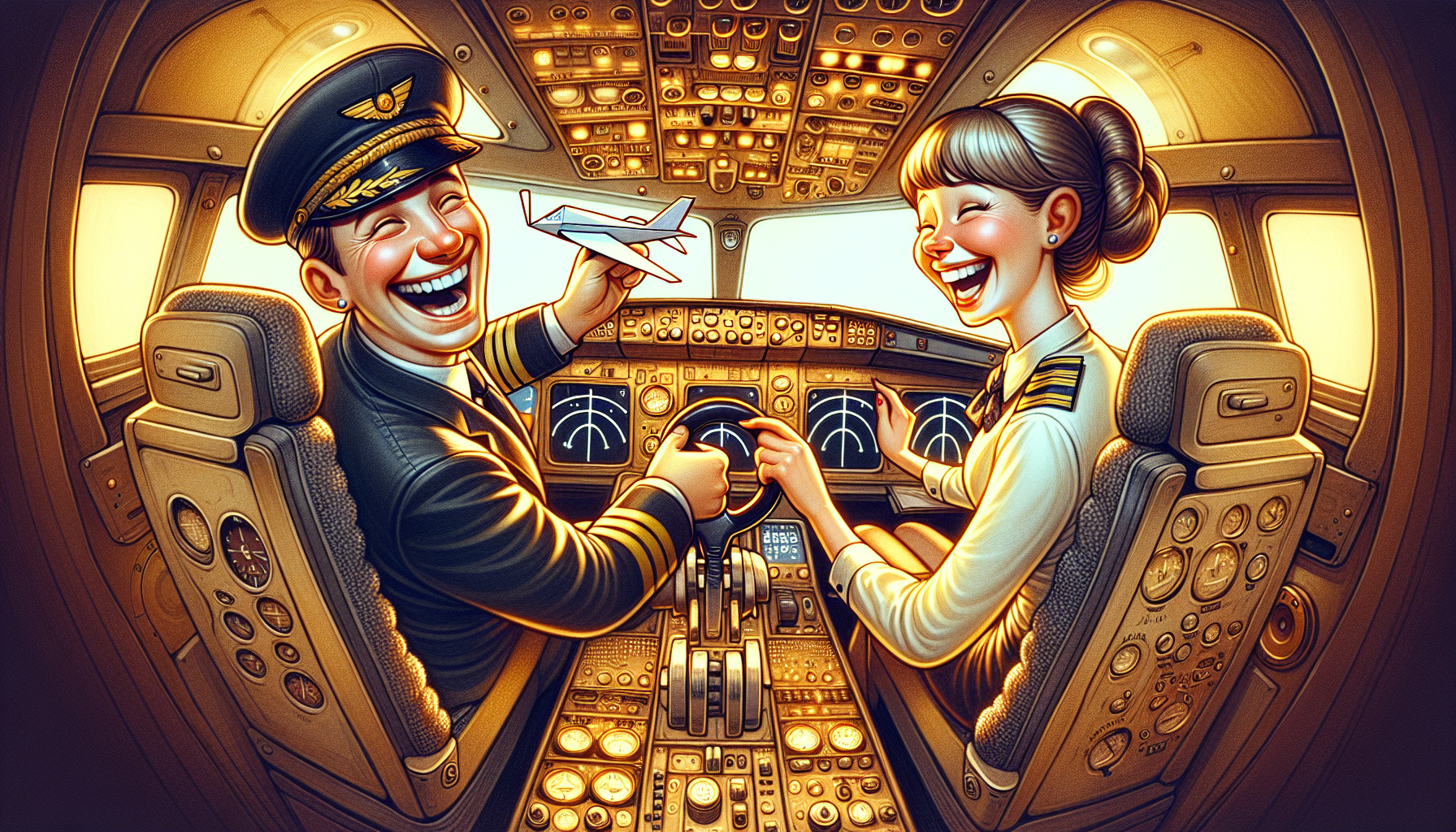 A humorous illustration of a pilot and a flight attendant exchanging funny puns in the cockpit
