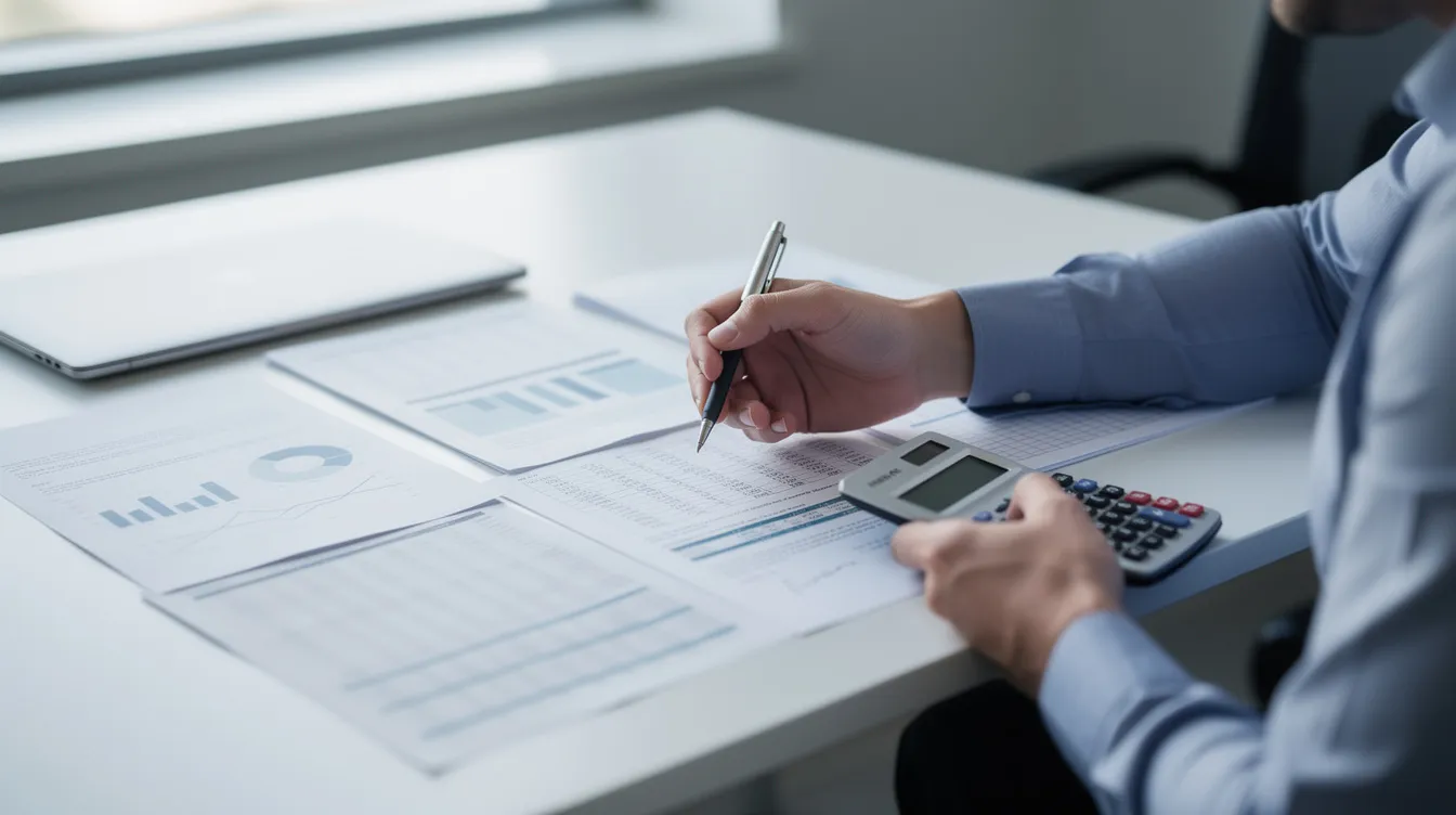 A person is sitting at a desk, intently reviewing financial documents while using a calculator and a pen. The scene suggests a focus on financial matters, possibly related to loan applications or credit reports.