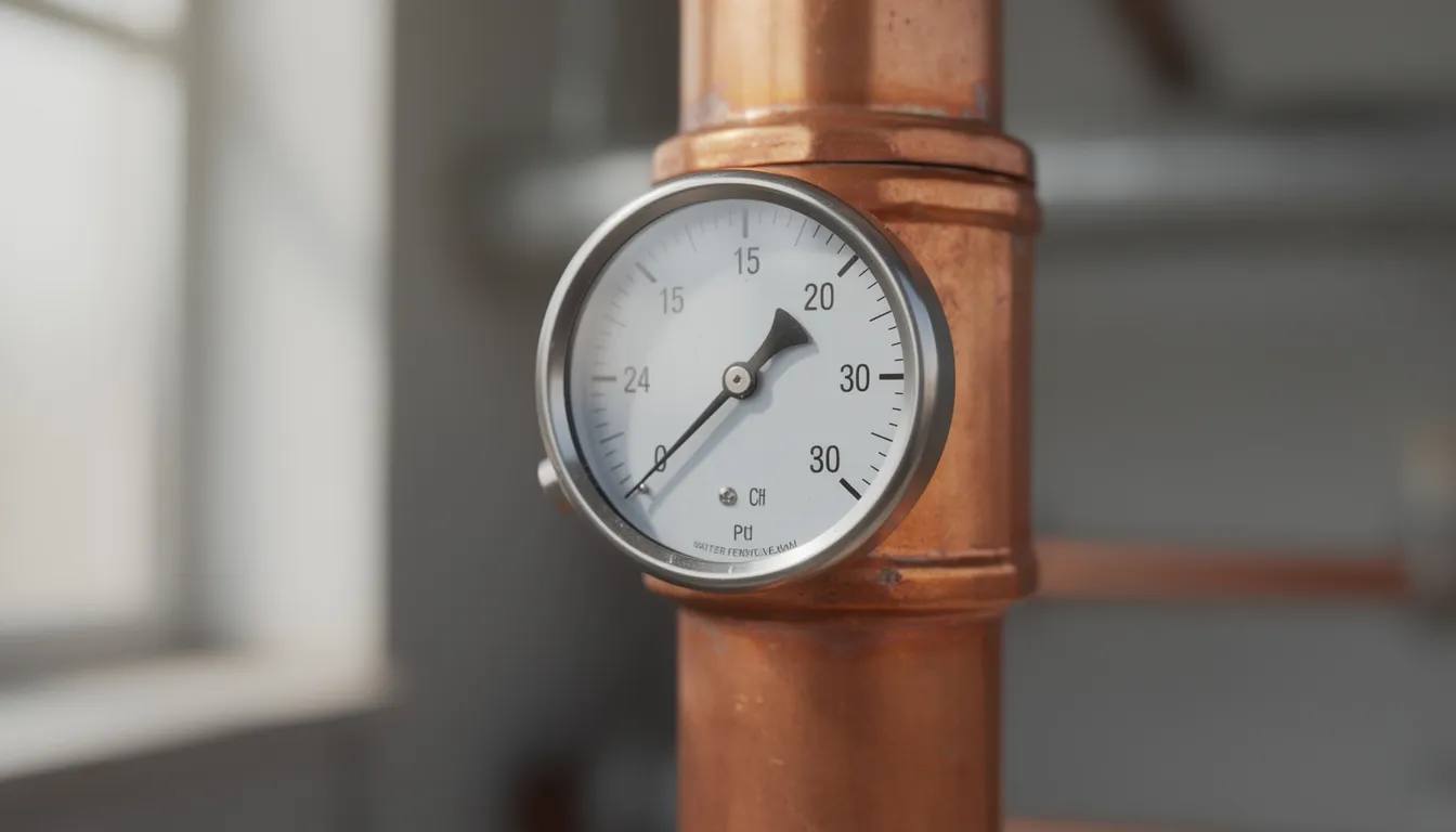The image shows a water pressure gauge mounted on a copper pipe, indicating the water pressure levels in the plumbing system. This gauge is essential for identifying potential plumbing issues, such as low water pressure or leaks in the main water line.