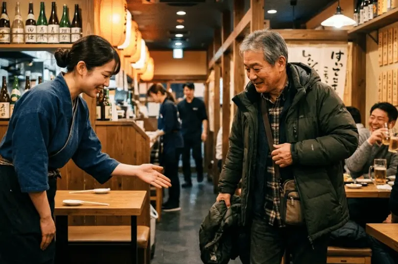 A welcoming female server dressed in a traditional blue uniform extends a warm greeting to a male patron arriving at a bustling, authentic izakaya.