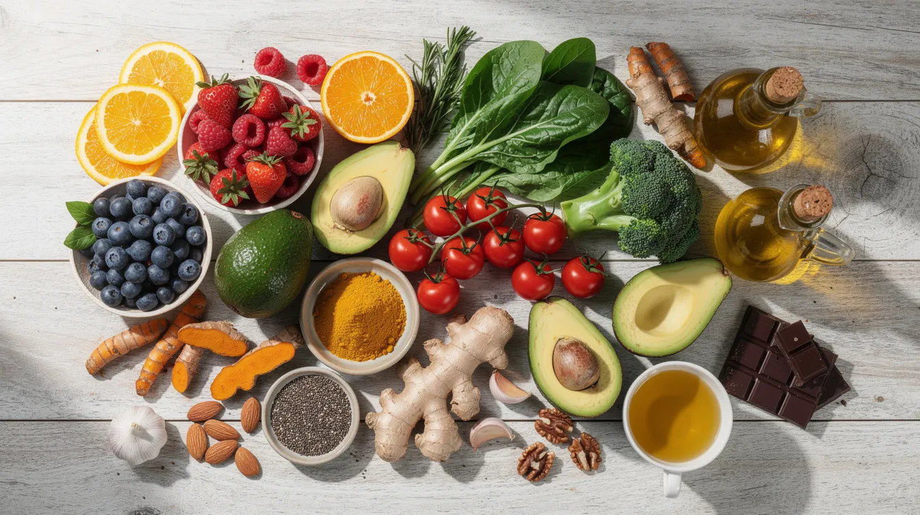 L'image présente un assortiment coloré d'aliments naturels connus pour leurs propriétés anti-inflammatoires, tels que des fruits, des légumes et des noix. Ces aliments peuvent contribuer au bien-être des femmes atteintes du syndrome des ovaires polykystiques (SOPK) en aidant à soulager certains symptômes et douleurs associés à cette pathologie.
