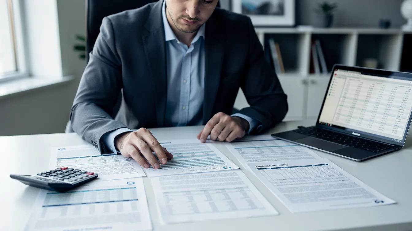 A person is seated at a desk, intently reviewing financial documents with a laptop and a calculator beside them, likely assessing financing options for a car wash business. The scene reflects the careful planning and analysis that car wash owners engage in to ensure the profitability and growth of their existing or new car wash facilities.