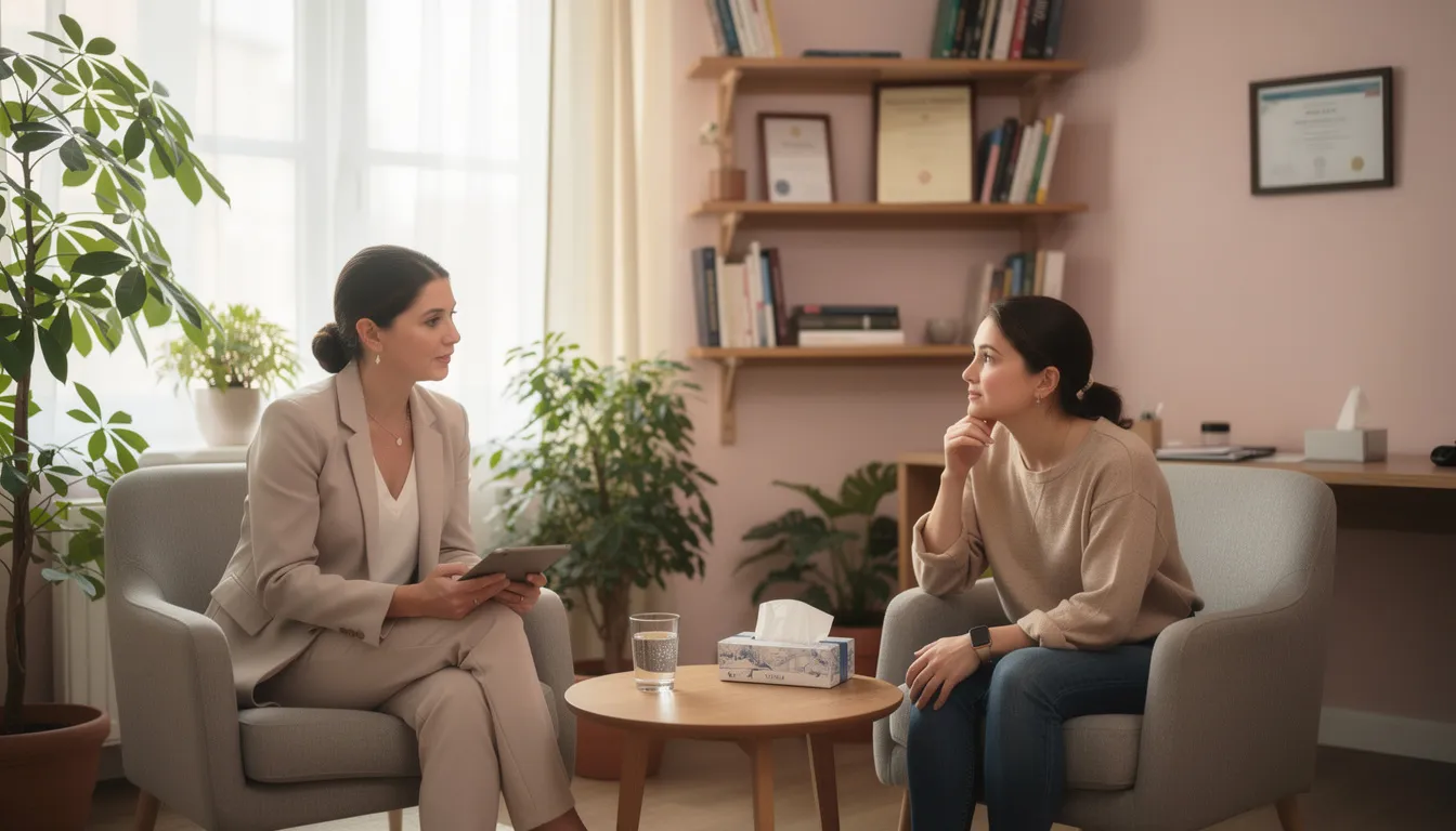 Na obrazie widoczna jest specjalistka, która prowadzi rozmowę konsultacyjną z pacjentką w przytulnym gabinecie. Atmosfera jest ciepła i profesjonalna, co sprzyja omówieniu tematów związanych z ginekologią estetyczną, takich jak wysiłkowe nietrzymanie moczu czy zabieg laserowej rewitalizacji pochwy.