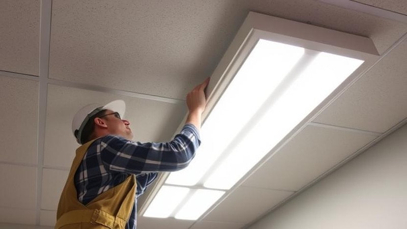 An electrician replacing Fluorescent Fixtures with LED Fixtures