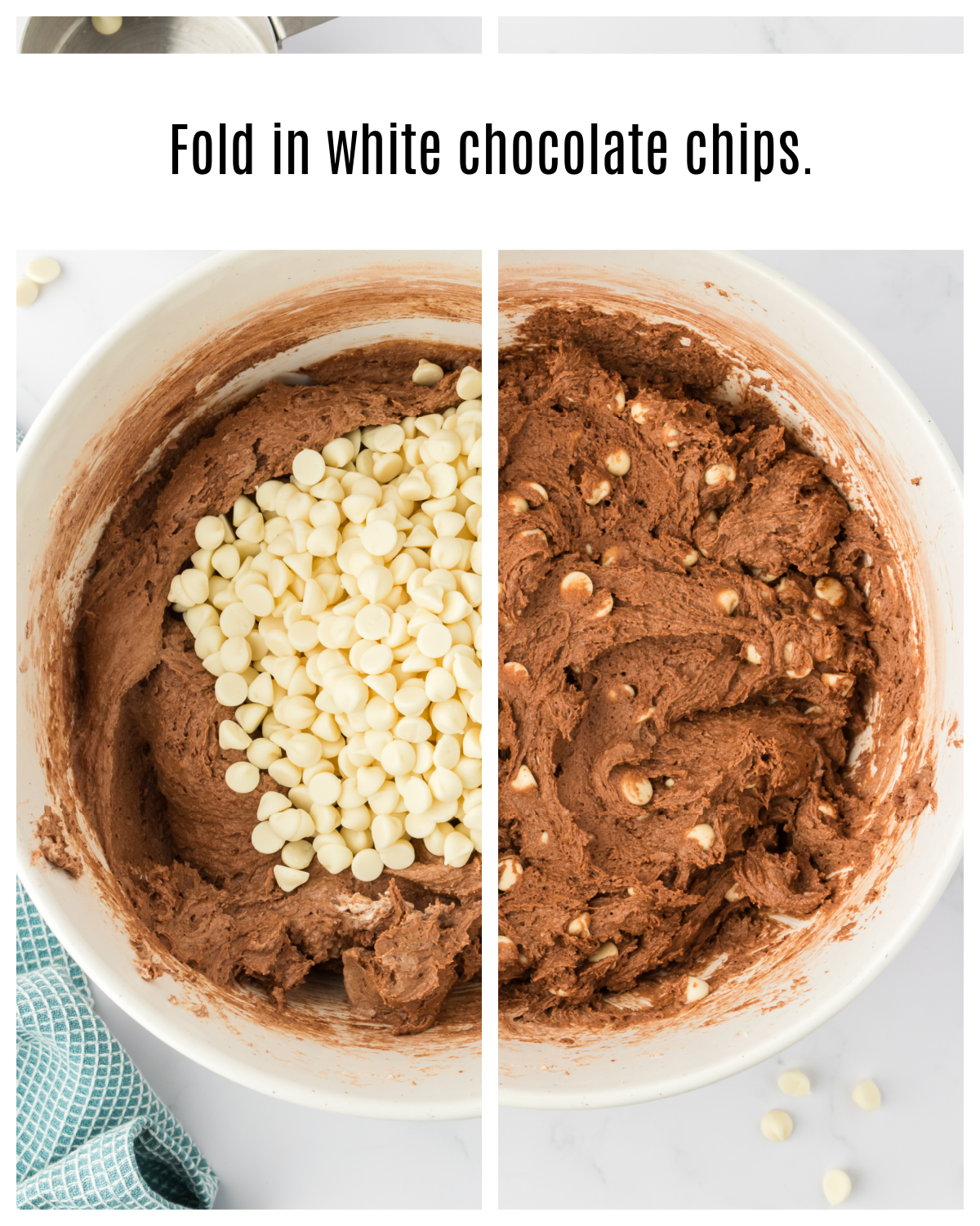 white chocolate chips folded into chocolate cookie dough
