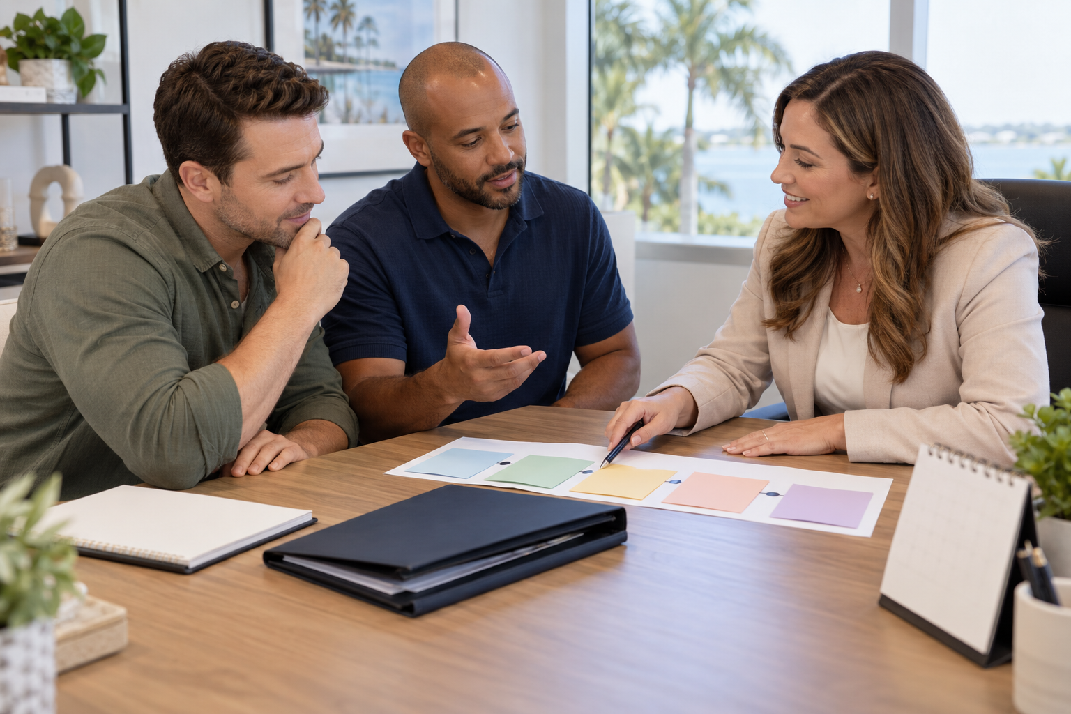 Intended parents reviewing surrogate compensation milestones with an agency coordinator