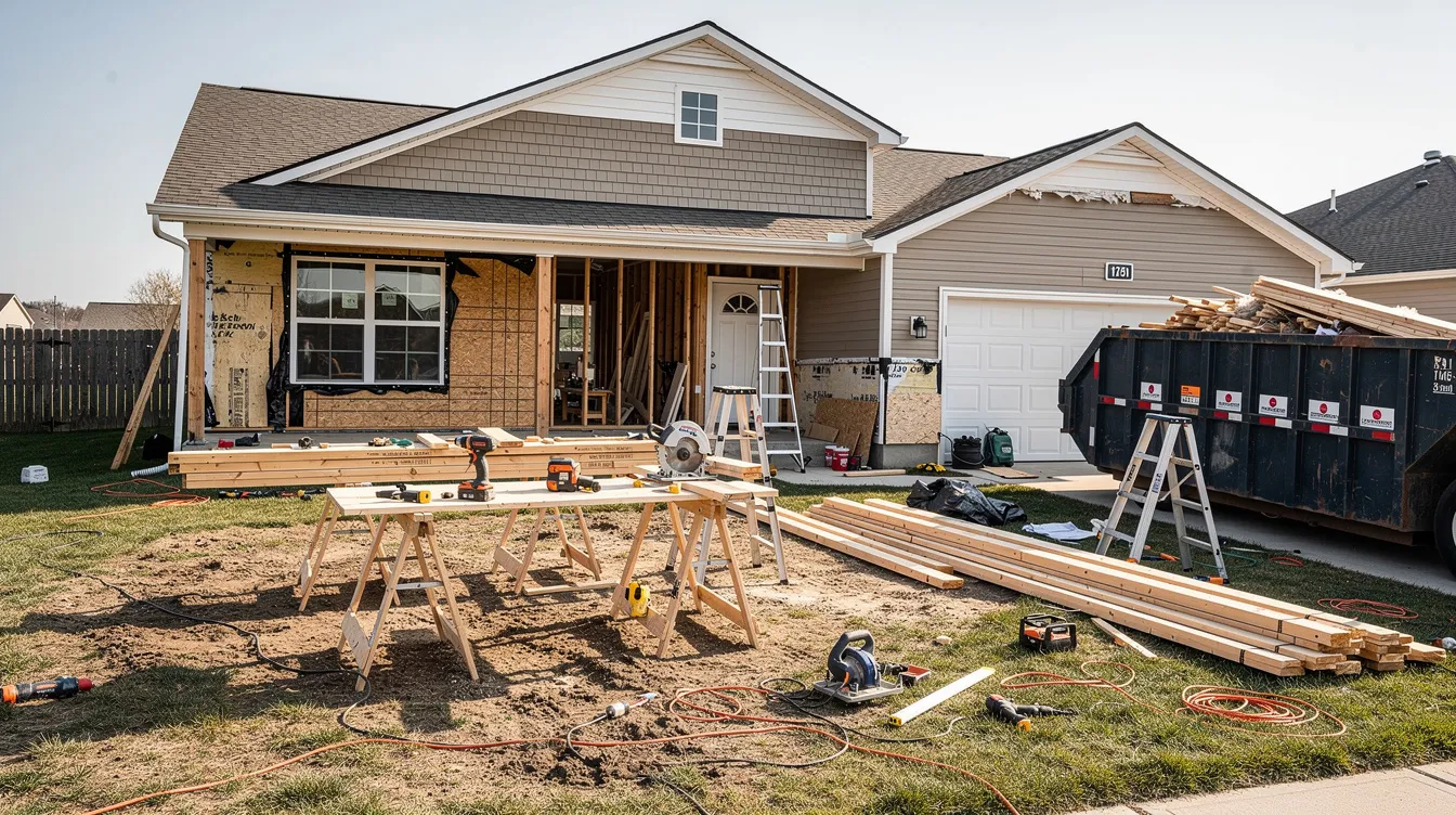 The image shows a house undergoing renovation, with exposed framing and various construction tools scattered in the yard, indicating a fix and flip project. This scene reflects the efforts of real estate investors who often utilize hard money loans for quick financing options to purchase and renovate distressed properties.