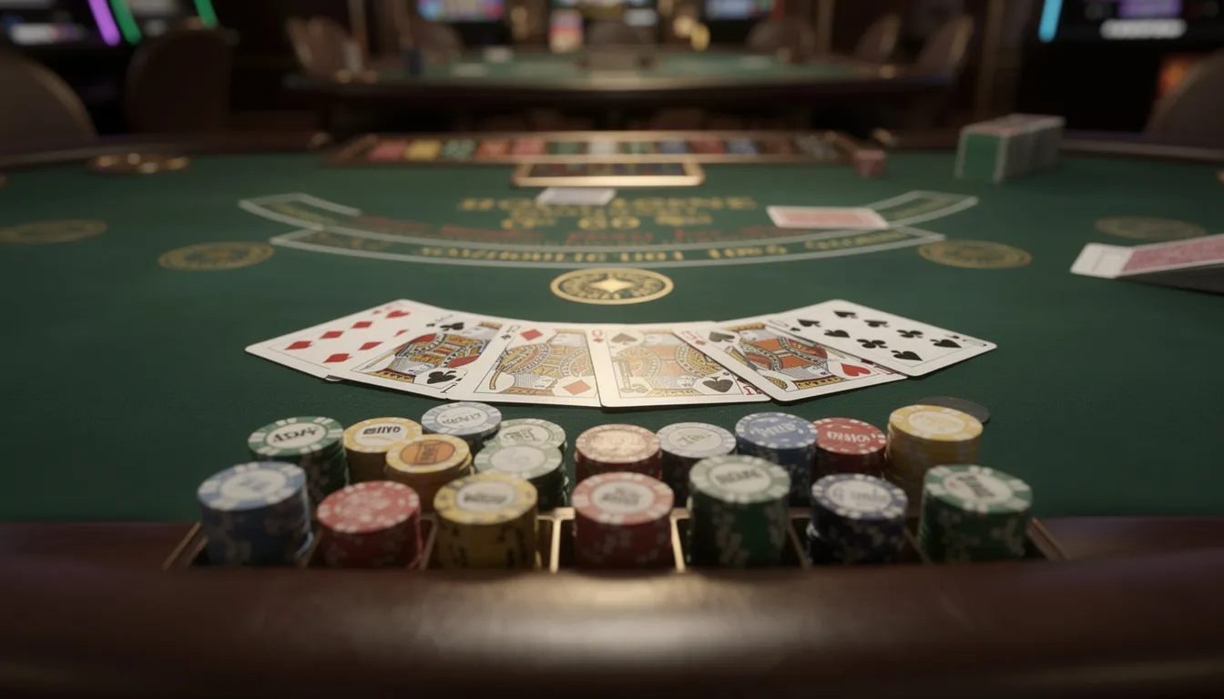 En bild av ett casinobord med spelkort och marker, där spelare kan delta i olika bordsspel som erbjuds hos Swift Casino. Atmosfären är livlig och ger en känsla av spänning och underhållning i ett online casino med svensk licens.