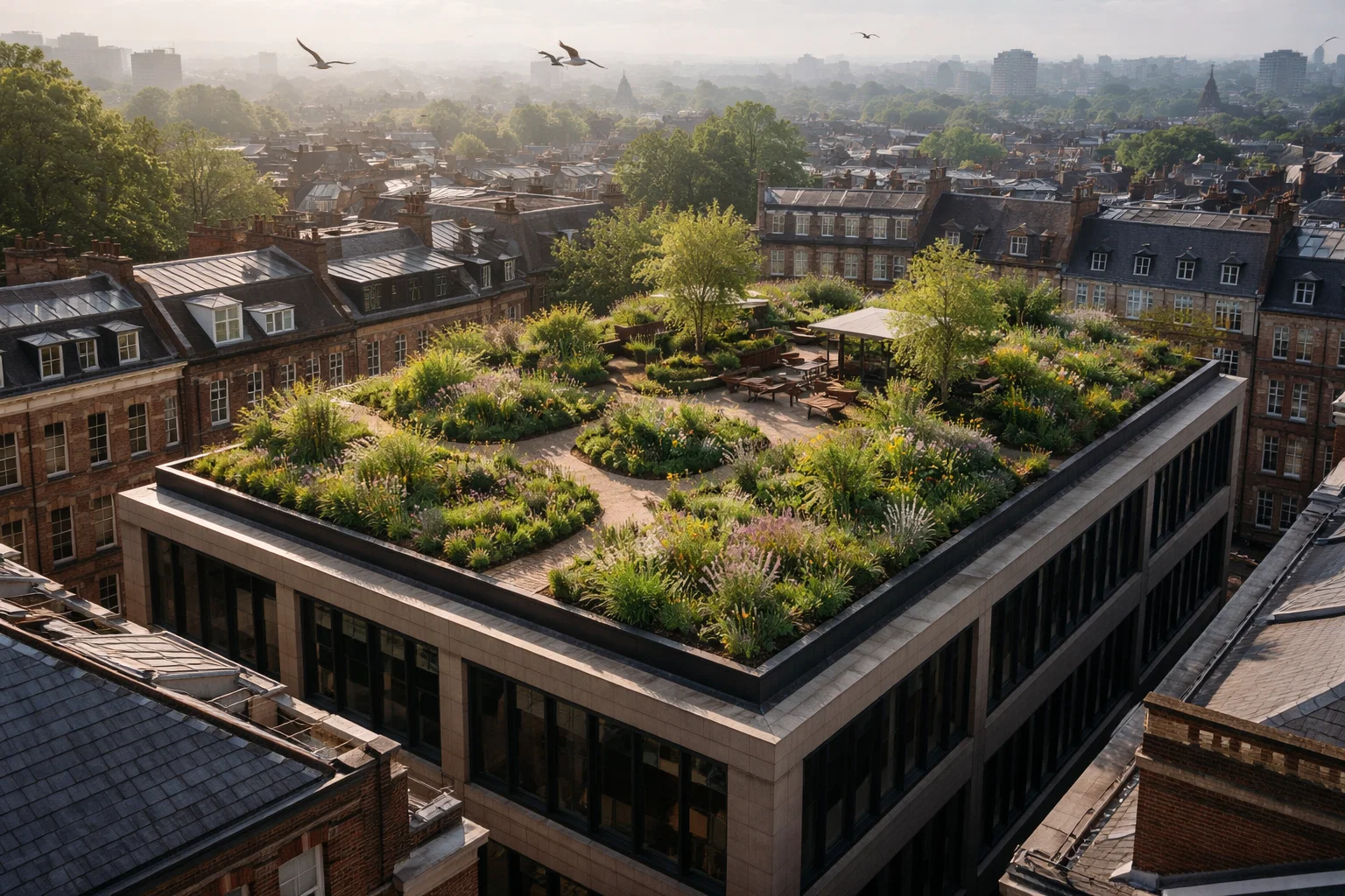 Green roof improving insulation, biodiversity and air quality on a commercial building in an urban UK environment.