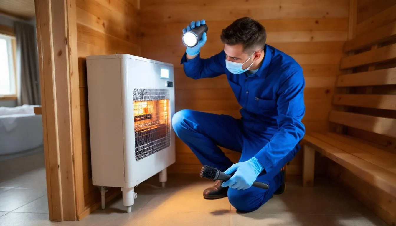 A professional maintenance technician is inspecting an electric sauna heater and performing cleaning tasks to ensure optimal performance. This annual inspection is essential for maintaining the health benefits of the sauna experience, whether it's an indoor or outdoor sauna.