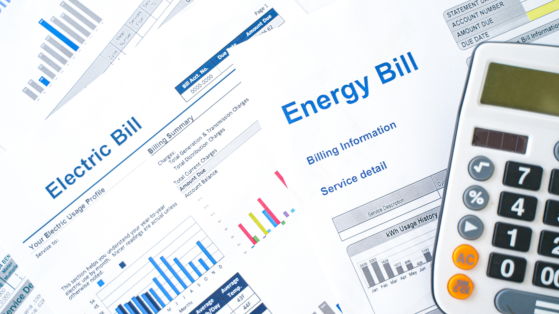 Utility bills and graphs showing energy consumption.