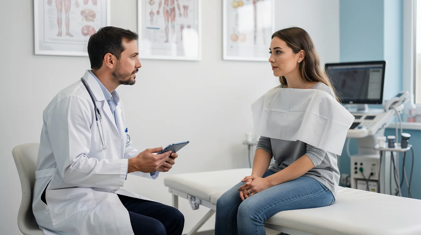 A doctor is consulting with a patient in a clinical setting, discussing topics related to aging, glucose metabolism, and blood sugar control. The interaction emphasizes the importance of healthy aging and potential treatments such as acarbose to improve health and manage weight.
