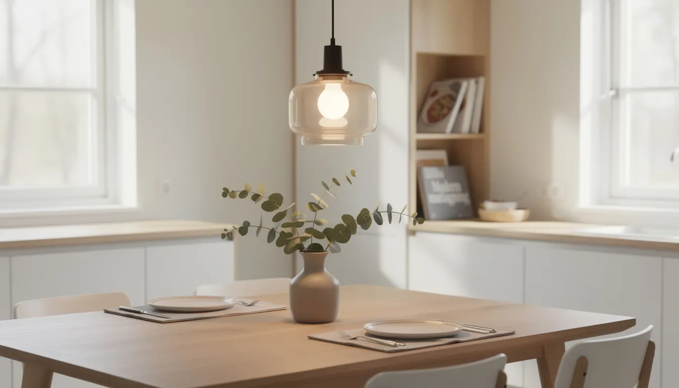 En modern pendellampa med en elegant glasskärm hänger över ett ljust matbord i köket, vilket ger en stilren och inbjudande atmosfär. Lampan bidrar med bra belysning och passar perfekt in i den moderna inredningen.