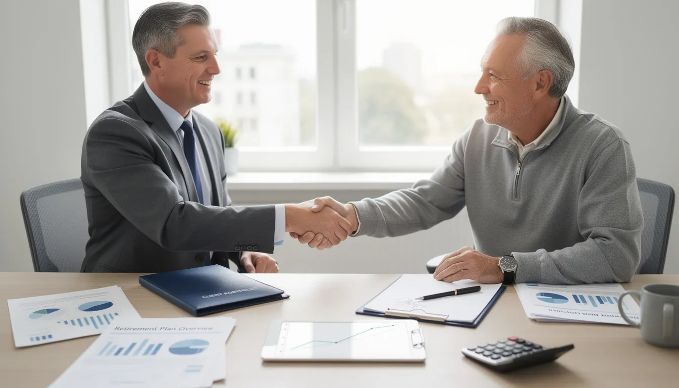 The image shows two individuals shaking hands across a desk filled with retirement planning materials, symbolizing the beginning of a professional advisory relationship focused on achieving retirement goals and financial security. This interaction highlights the importance of financial planning and investment management in preparing for a successful retirement journey.
