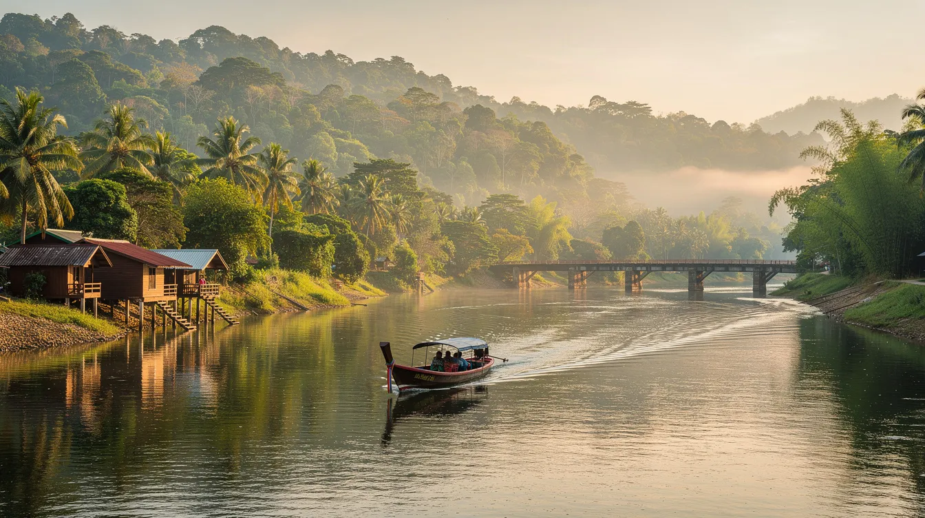 A imagem retrata a bela paisagem de Kanchanaburi, na Tailândia, com seus impressionantes templos budistas e o famoso rio Chao Phraya ao fundo. O local é um destino popular que combina cultura, história e opções de gastronomia, como a famosa comida de rua tailandesa.