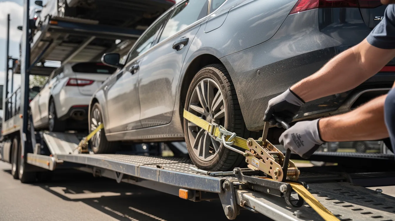 A close-up view shows a sedan being carefully secured onto an open multi-car transport trailer, highlighting the process involved in auto transport services provided by car shipping companies. The image emphasizes the importance of secure vehicle transportation for safe delivery.