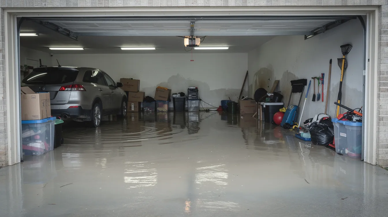 The image depicts a flooded residential garage with standing water covering the concrete floor, highlighting the aftermath of severe water intrusion. This situation poses a risk for mold growth and requires professional water removal services to begin the restoration process and prevent further damage.