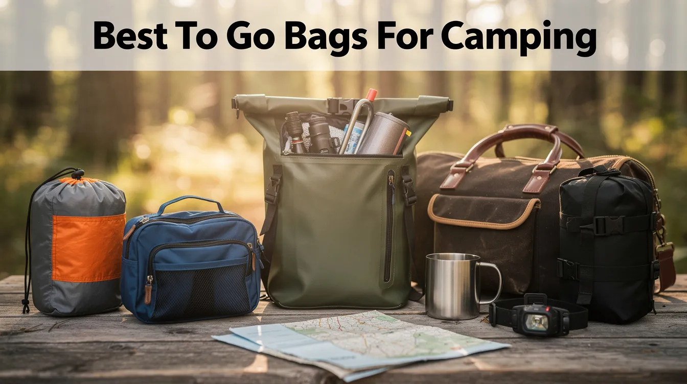 The image showcases an assortment of best to go bags for camping, including a tactical backpack, duffel bag, and a bug out bag, all packed with essential items like a first aid kit, energy bars, and an emergency blanket. The bags are organized with packing cubes and feature sturdy shoulder straps for easy transport, emphasizing the importance of emergency preparedness for outdoor adventures.
