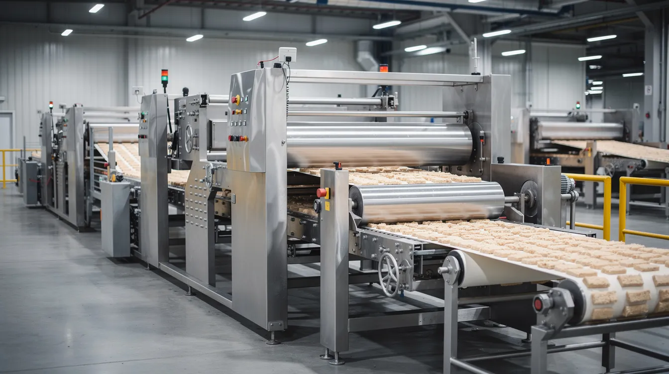 The image depicts industrial food processing machinery featuring steel rollers and conveyor belts within a factory setting, illustrating the manufacturing process for poha, or flattened rice. This setup highlights the equipment necessary for processing raw materials into rice flakes, emphasizing the importance of efficiency in the food processing industry.