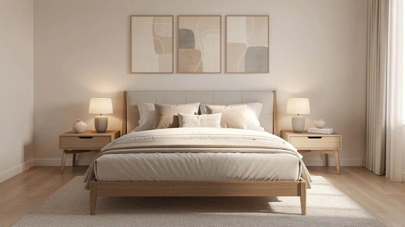 The image depicts a neutral-toned bedroom featuring a coordinated bed frame, bedside tables, and wall art, creating a harmonious and inviting atmosphere. This stylish setup showcases the benefits of storage beds, which can provide hidden storage and extra space for seasonal clothing and everyday items, making it ideal for small bedrooms and compact living spaces.
