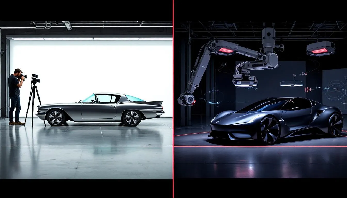 The image presents a side-by-side comparison of a traditional car photography setup, featuring a photographer with cameras, and a modern automated imaging system utilizing smart devices, highlighting the evolution in vehicle imaging within the automotive industry. This visual demonstrates the efficiency and speed of capturing high-quality images of vehicles, showcasing the key challenges and advancements in the process.