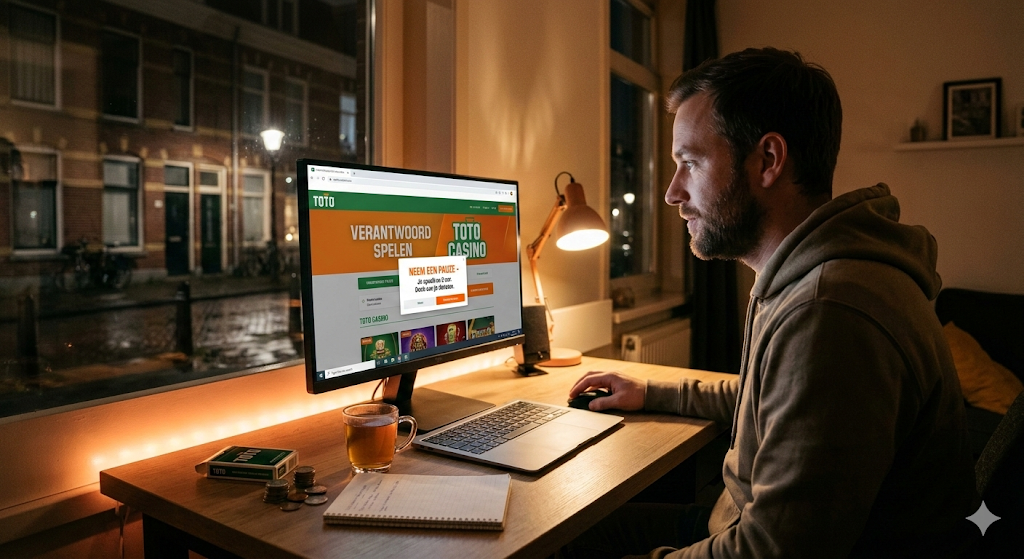 Speler die thuis een legaal online casino in Nederland bekijkt met aandacht voor verantwoord spelen, KSA-regels en veilige online gokplatforms.