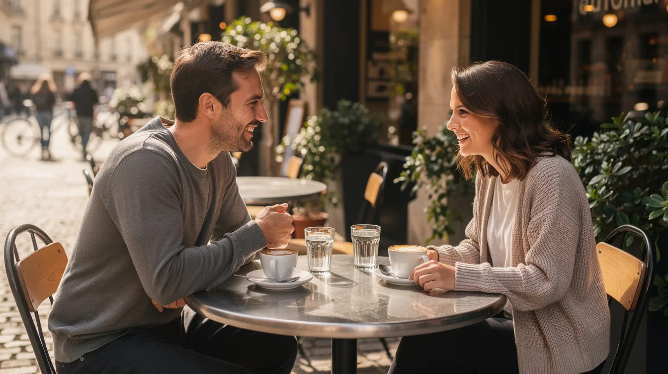 The image shows two people enjoying coffee at an outdoor cafe, surrounded by a relaxed environment that is perfect for social activities like speed dating. They appear engaged in conversation, making it an ideal setting for Los Angeles singles to connect and potentially find love.