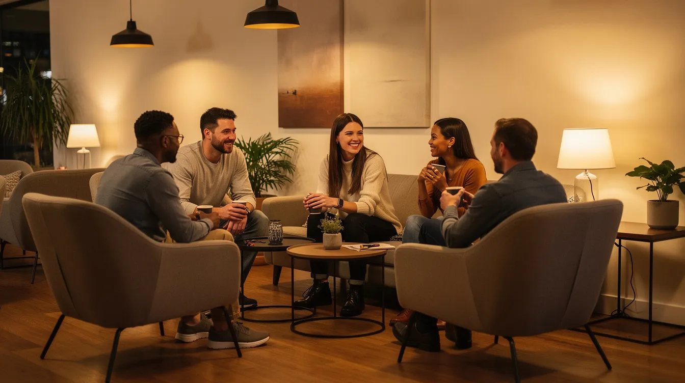 The image depicts a lively scene of people chatting at a modern indoor venue, featuring warm lighting and comfortable seating, perfect for enjoying a night out in the San Diego dating scene. This inviting atmosphere encourages guests to connect and meet new singles, making it an ideal spot for a first date or a casual evening with friends.