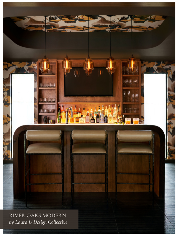 Dance the night away in your own home bar like this River Oaks Modern Art Deco-inspired space with olive bar chairs, mood lighting, and a bold crane wallpaper