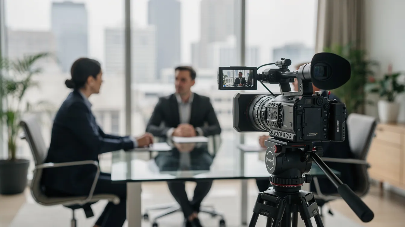 A professional video camera is set up in a modern office environment, capturing an interview between two individuals seated at a sleek table. The scene emphasizes the importance of video content in creating engaging video ads for social media platforms and reaching a large audience.