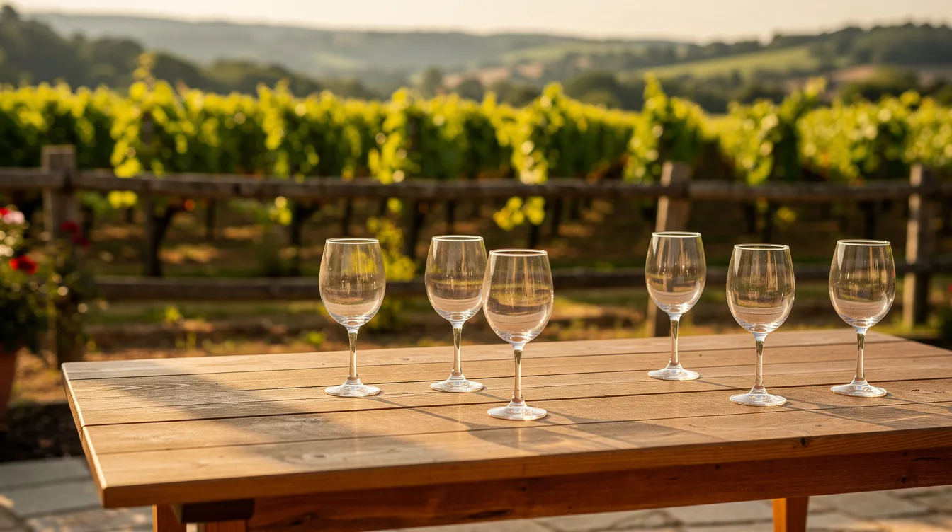 An outdoor table is set with several wine glasses sparkling in the afternoon sunlight, while rows of lush vineyards stretch behind a low fence, showcasing the beauty of Clarksburg wine country. This picturesque scene invites visitors to unwind and savor the award-winning wines of the region.