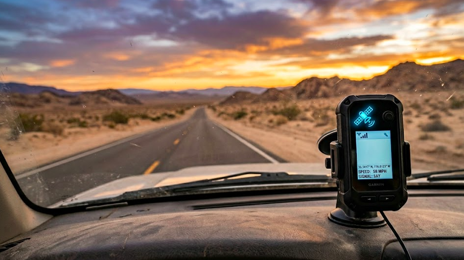 GPS tracker mounted on a vehicle dashboard working in a remote area with no internet or cell signal