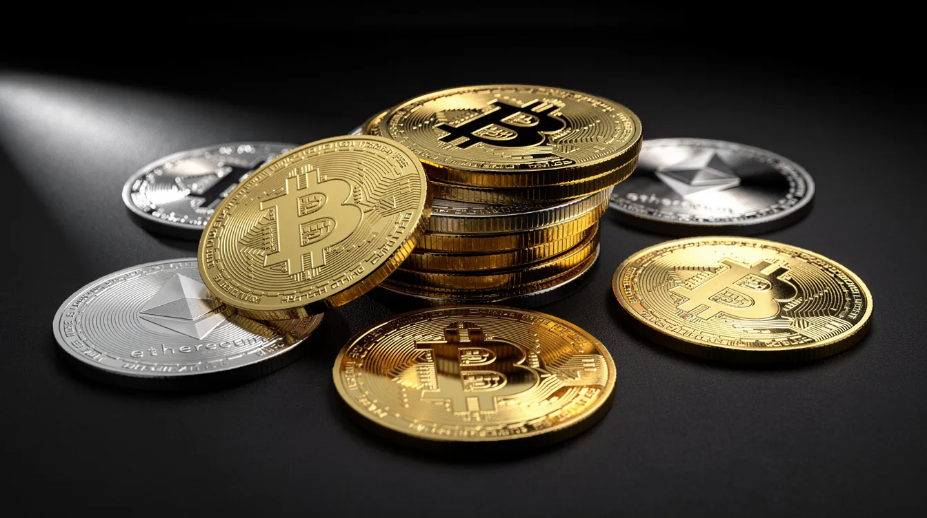 The image features a collection of various cryptocurrency coins, including Bitcoin and Ethereum, elegantly arranged on a dark surface, highlighting their distinct designs and metallic sheen. This visual representation reflects the growing trend of online casinos and gambling sites incorporating digital currencies as payment options.